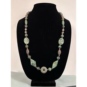 Handmade Green Turquoise and Silver 30in Beaded Necklace, Optionally Adjustable